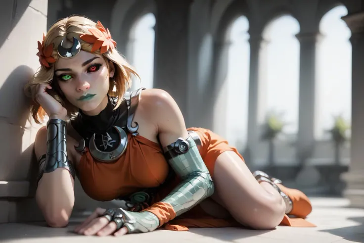 score_9, score_8_up, score_7_up, score_6_up, score_5_up, melinoe leaning against a wall, (full body:1.2) in a seductive pose, 
melinoe, green lips, hair ornament, laurel crown, heterochromia, green eyes, red eyes, mismatched sclera, black sclera, medium breasts, [ancient greek clothes, orange dress, short dress, sleeveless dress, single elbow glove, grey belt],
intricate details, depth of field, aesthetic, high quality, 8k, cinematic, (realistic:1.4), (shiny skin:1.1), expressiveh, realistic skin texture, dramatic lighting, focus, 1dk
shadows, 1dk,  cinematic lighting:1.2, mood lighting:1.2
<lora:hades2_melinoe_ponyXL:1>, <lora:Concept Art Twilight Style SDXL_LoRA_Pony Diffusion V6 XL:0.6>,  <lora:Expressive_H:0.8>, <lora:p:0.8>,  <lora:CinematicStyle_v1:1>,