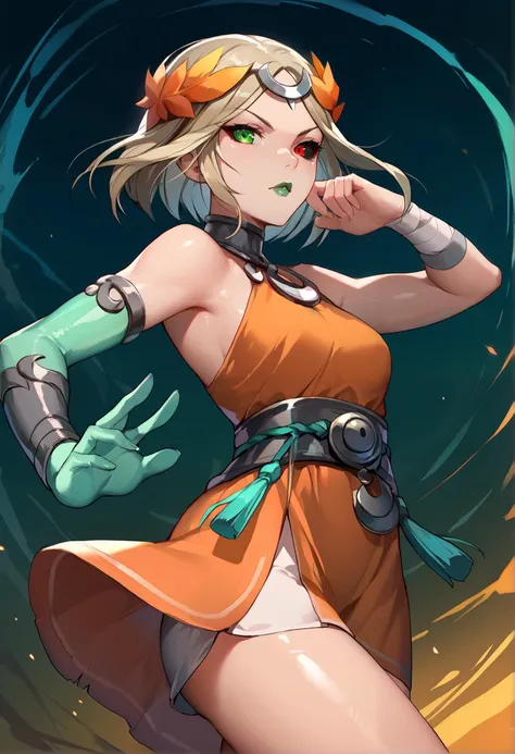 score_9, score_8_up, score_7_up, score_6_up, score_5_up, score_4_up, source_anime, embedding:zPDXL, 1girl, solo, melinoe, green lips, expressionless, looking at viewer, hair ornament, laurel crown, heterochromia, green eyes, red eyes, mismatched sclera, black sclera, ancient greek clothes, orange dress, short dress, sleeveless dress, single elbow gloves, grey belt, action pose