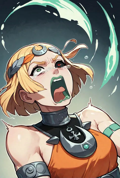 score_9, score_8_up, score_7_up, score_6_up, score_5_up, score_4_up BREAK 1girl, solo, blonde hair, short hair, melinoe, green lips, heterochromia, green eyes, red eyes, mismatched sclera, black sclera, ancient greek clothes, orange dress, short dress, sleeveless dress, single elbow glove, grey belt, aquascreaming, screaming, open mouth, crying with eyes open <lora:hades2_melinoe_ponyXL:1> <lora:concept_aquascreaming_ponyXL:1>