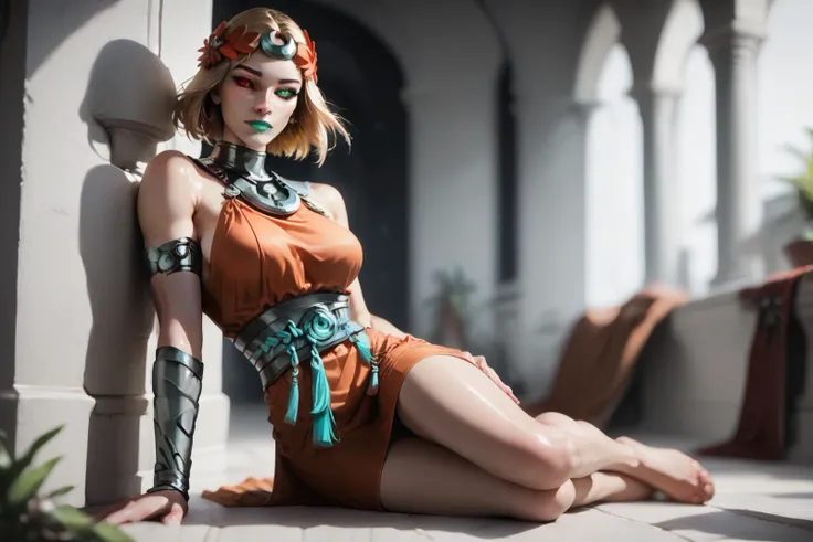 score_9, score_8_up, score_7_up, score_6_up, score_5_up, melinoe leaning against a wall, (full body:1.2), seductive pose, looking at viewer,
melinoe, green lips, hair ornament, laurel crown, heterochromia, green eyes, red eyes, mismatched sclera, black sclera, medium breasts, [ancient greek clothes, orange dress, short dress, sleeveless dress, single elbow glove, grey belt],
intricate details, (depth of field:1.2), aesthetic, high quality, 8k, cinematic, (realistic:1.4), (shiny skin:1.1), expressiveh, realistic skin texture, dramatic lighting, focus, 1dk
shadows, 1dk,  cinematic lighting:1.1, mood lighting:1.1
<lora:hades2_melinoe_ponyXL:1>, <lora:Concept Art Twilight Style SDXL_LoRA_Pony Diffusion V6 XL:0.8>,  <lora:Expressive_H:0.8>, <lora:p:0.8>,  <lora:CinematicStyle_v1:0.7>,