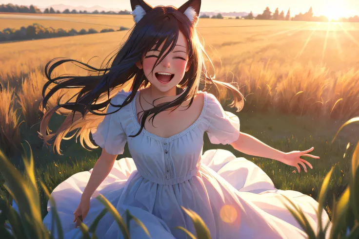 (MASTERPIECE),(HIGH RESOLUTION),8K,perfect light, nature world, laughing girl run with fox in grass field,long swirling hair, swirling dress, depth of field, sun glare, rim light, cinematic light, ray tracer, realistic animation, vivid color, dynamic tilted angle,detail face, sharp focus