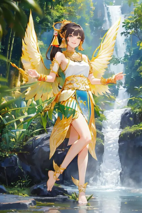 stand,(best quality:1.4),(ultra highres:1.2),(8k, RAW photo:1.2),very high detail,(himmapan style:1.5),(beautiful kinnaree woman:1.3),sexy dress,(wings:1.2),smile,( look at viewer:1.4),relax,waterfall,jungle<lora:HimmapanV1:0.7>,