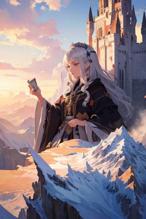 realistic, (masterpiece, top quality, best quality, official art, beautiful and aesthetic:1.2), extremely detailed,fractal art,colorful,highest detailed,dynamic angle,(castle on the cloud and mountain) 1girl,queen, silver hair, bright eyes,hair slicked back, black robe, open clouth, from above