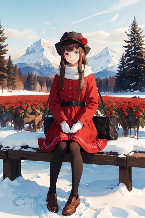 masterpiece,best quality,winter,snow field,(:3:1.5),1girl,bangs,blue eyes,blunt bangs,bonnet,brown footwear,brown hair,red dress,frills,fruit,full body,hat,long hair,long sleeves,looking at viewer,pantyhose,red flower,red rose,rose,shoes,sitting,solo,sky,sun,mountain,forest,lake,