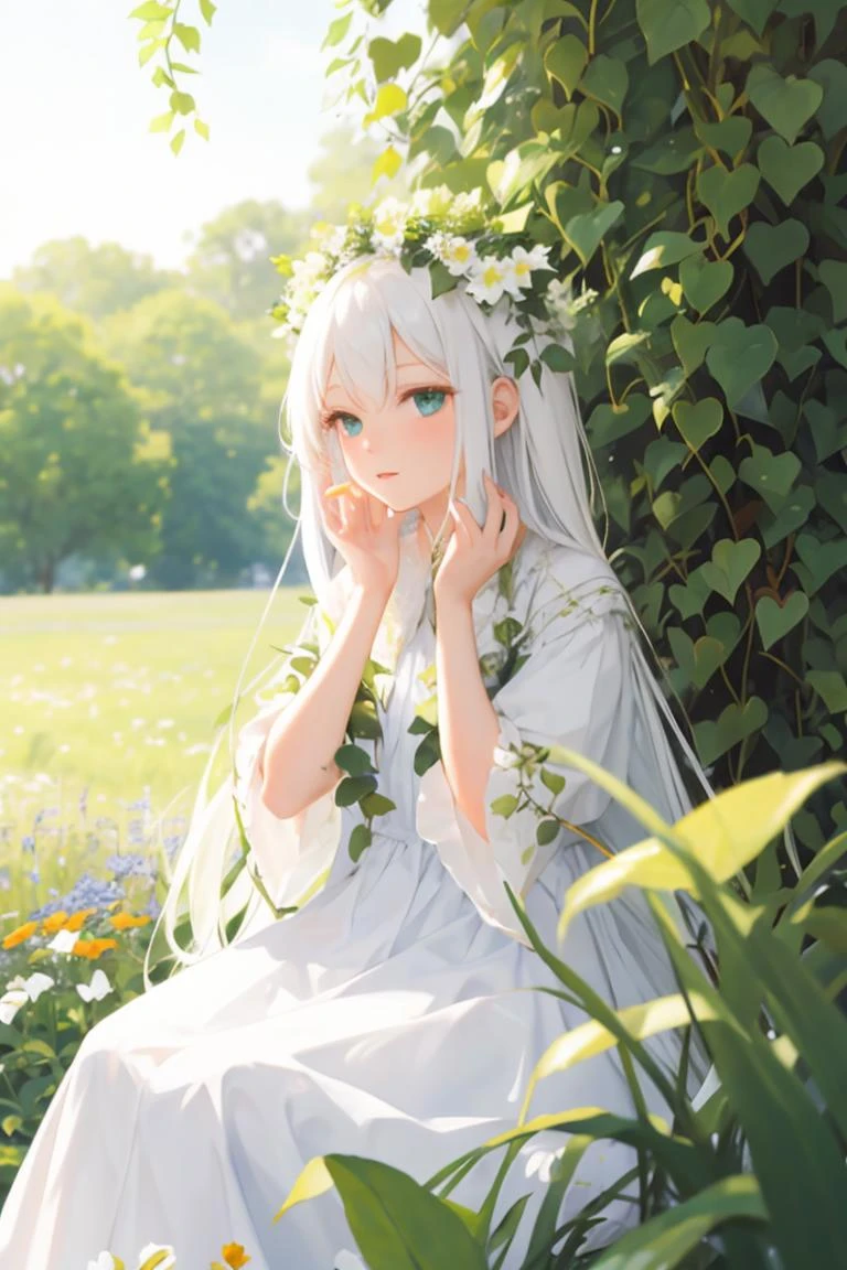 (masterpiece, best quality),1girl with long white hair sitting in a field of green plants and flowers,her hand under her chin,warm lighting,white dress,blurry foreground,