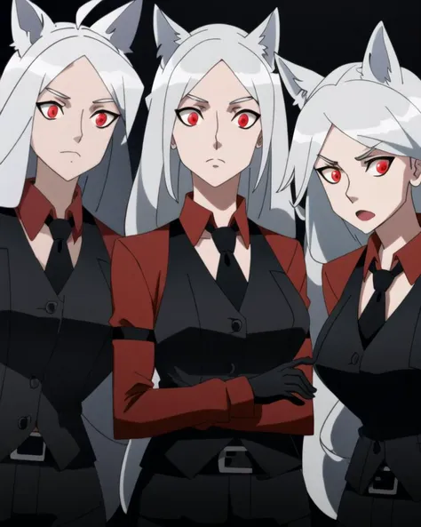 ((best quality)), ((highly detailed)), masterpiece, (detailed eyes, deep eyes), (1girl), cowboy shot, BREAK 3girls, <lora:cerberusHelltaker_v10:1>, cerberus \(helltaker\), white hair, long hair, glowing eyes, (red eyes), dog ears, demon tail, medium breasts, suit, red shirt, black vest, necktie, black pants, black belt, black gloves, <lora:dcau_fantasy_offset:1>