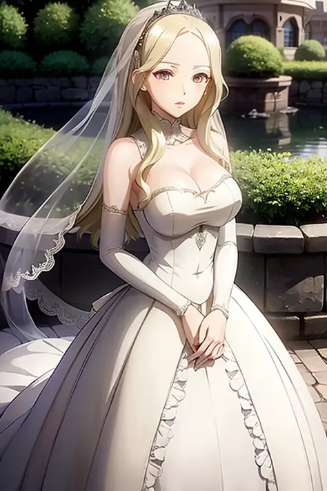(wedding dress:1.2),<lora:dajianTeresa-10:0.8>,dajianTeresa,wavy hair,pale skin,looking at view,park,(cleavage:0.8),contemptuous expression,best quality