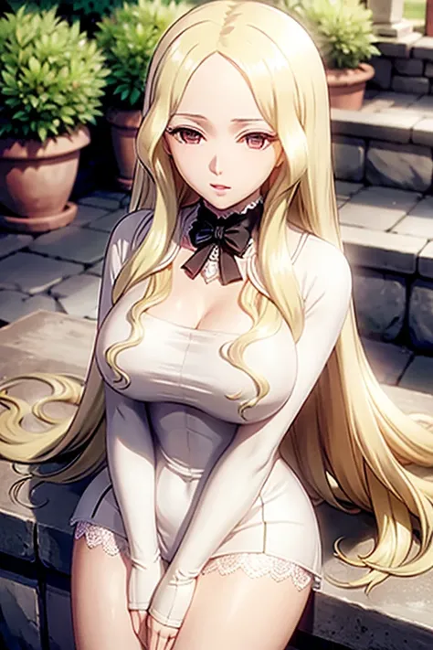 white_fur-trimmed dress,<lora:dajianTeresa-10:0.8>,dajianTeresa,wavy hair,pale skin,looking at view,park,medium breasts,contemptuous expression,best quality