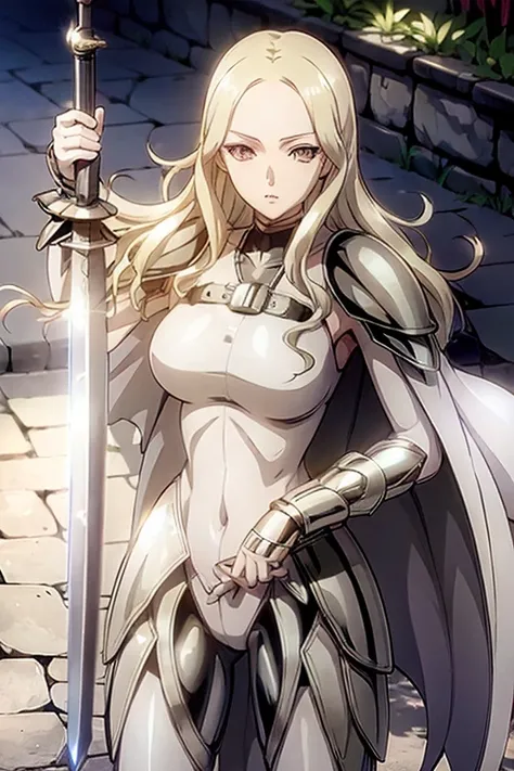 (grey eyes:1.2),fighting stance,(weapon, large_long_sword:1.2),armor,cape,shoulder armor,bodysuit,<lora:dajianTeresa-10:0.8>,dajianTeresa,wavy hair,pale skin,looking at view,large breasts,contemptuous expression,best quality