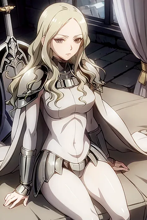 (grey eyes:1.2),armor,cape,shoulder armor,bodysuit,sword,<lora:dajianTeresa-10:0.8>,dajianTeresa,wavy hair,sitting on the bed,looking at view,large breasts,expressionless,contemptuous expression,best quality