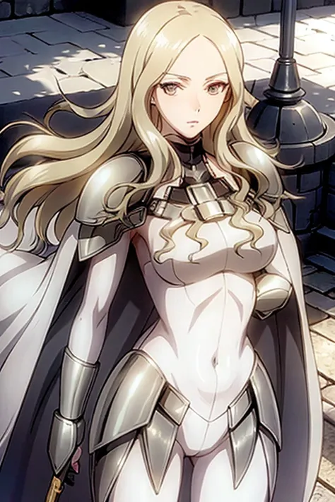 (grey eyes:1.2),armor,cape,shoulder armor,bodysuit,<lora:dajianTeresa-10:0.8>,dajianTeresa,wavy hair,pale skin,(weapon:1),looking at view,large breasts,contemptuous expression,best quality