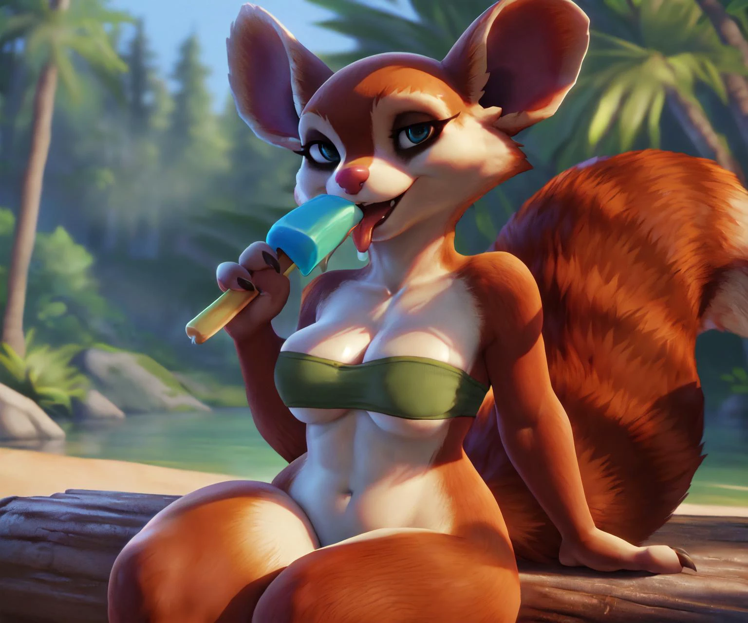 by zonkpunch:1.1, by pixelsketcher:0.7, by cyancapsule:0.8,
anthro, female, ((hoodwinkSquirrel::1.2)), squirrel, mammal, shortstack, ((detailed fur)), (slim, curvy, thick thighs), (detailed eyes), ((detailed arms, claws, 4fingers)), ((detailed thick fluffy tail)), ((wearing bandeau bikini, cleavage)),
((three-quarter view, closeup)), ((sitting, on a log)), (sexy pose), looking up at viewer, (naughty face, open mouth, tongue), seductive, suggestive, ((detailed forest, lake, beach, picnic, dim light)), ((licking popsicle))
beautiful character design, perfect eyes, perfect face, perfect balance, extremely detailed CG unity 8k wallpaper, perfect lighting, (masterpiece:1.0),(best_quality:1.0), ultra high res,4K,ultra-detailed, photography, 8K, highres, absurdres:1.2, blurry background, depth of field, professional photograph, 3d artwork, octane render, lifelike, photorealistic, detailed text, <lora:hoodwinkSquirrel:0.7>