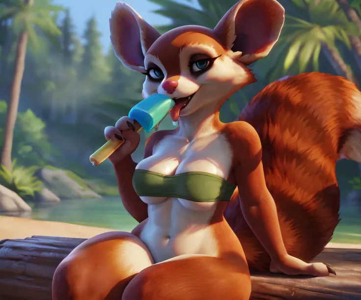 by zonkpunch:1.1, by pixelsketcher:0.7, by cyancapsule:0.8,
anthro, female, ((hoodwinkSquirrel::1.2)), squirrel, mammal, shortstack, ((detailed fur)), (slim, curvy, thick thighs), (detailed eyes), ((detailed arms, claws, 4fingers)), ((detailed thick fluffy tail)), ((wearing bandeau bikini, cleavage)),
((three-quarter view, closeup)), ((sitting, on a log)), (sexy pose), looking up at viewer, (naughty face, open mouth, tongue), seductive, suggestive, ((detailed forest, lake, beach, picnic, dim light)), ((licking popsicle))
beautiful character design, perfect eyes, perfect face, perfect balance, extremely detailed CG unity 8k wallpaper, perfect lighting, (masterpiece:1.0),(best_quality:1.0), ultra high res,4K,ultra-detailed, photography, 8K, highres, absurdres:1.2, blurry background, depth of field, professional photograph, 3d artwork, octane render, lifelike, photorealistic, detailed text, <lora:hoodwinkSquirrel:0.7>