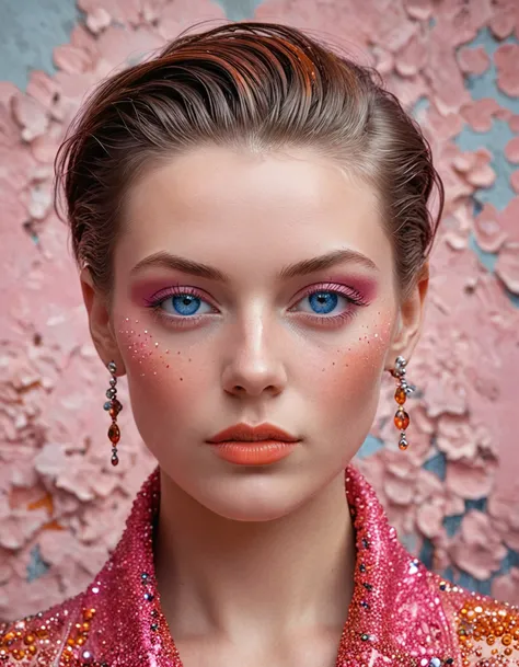 colorful art by Esaias van de Velde, a stunning woman with short and slicked back hair and piercing blue eyes gazes down at the camera, her face painted in vibrant shades of pink and orange. Her denim skirt and tank top is made of shimmering silver beads, , Dutch Golden Age, landscapes, genre scenes, embedding:SDXL\Style-DoF