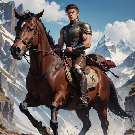 (best quality:1.2), (masterpiece:1.2), Style-BlurFore, 1man, muscular, iron chest plate, iron armguard, leather pants, iron boots, emotionless, riding horses in the valley, mountains,