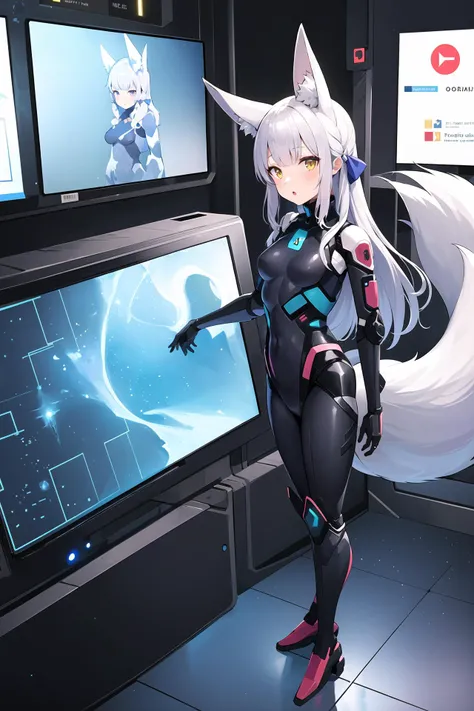 masterpiece, 1girl, lico, standing, silver hair, fox ears, fox tail, hair bow, bodysuit, (battlesuit:1.3), space station, futuristic, cyber, stars, nebula