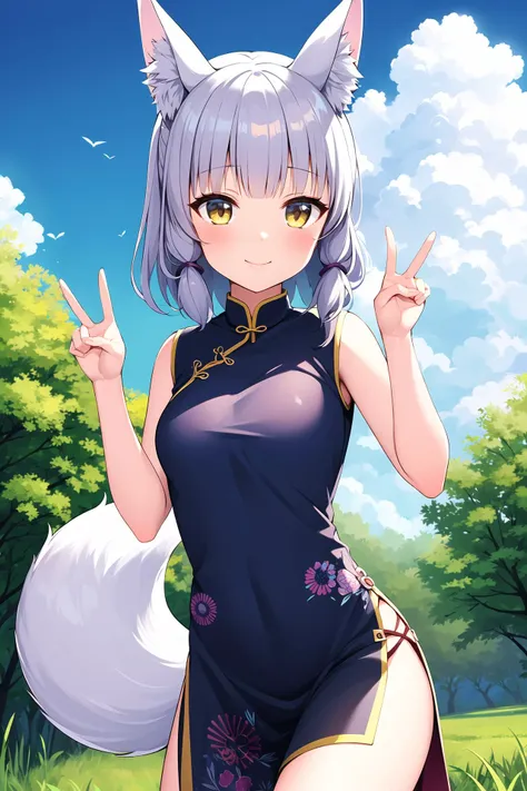 (masterpiece, best quality, highly detailed), 1girl, cowboy shot, lico, fox hand pose, holding leaf, outside, trees, grass, sun, clouds, sky, china dress, blush, smile, fox ears, fox tail