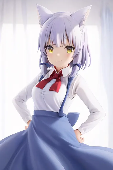 low angle, bust up, (front), (lico), 1 girl, cute, (white medium hair:1.2), bangs, hair between eyes, (yellow eyes), (droopy eyes:1.4), (round face), (white very long fox-ears on her head), (a white fox-tail on her hip), (white long sleeves blouse), (red tie on neck:1.4), blue waist apron, blue long skirt, grin smile, oppai
<lora:popupparade:1> <lora:LicoMachikado:1> <lora:fufu:0.2> <lora:FootjobV3:0.5>