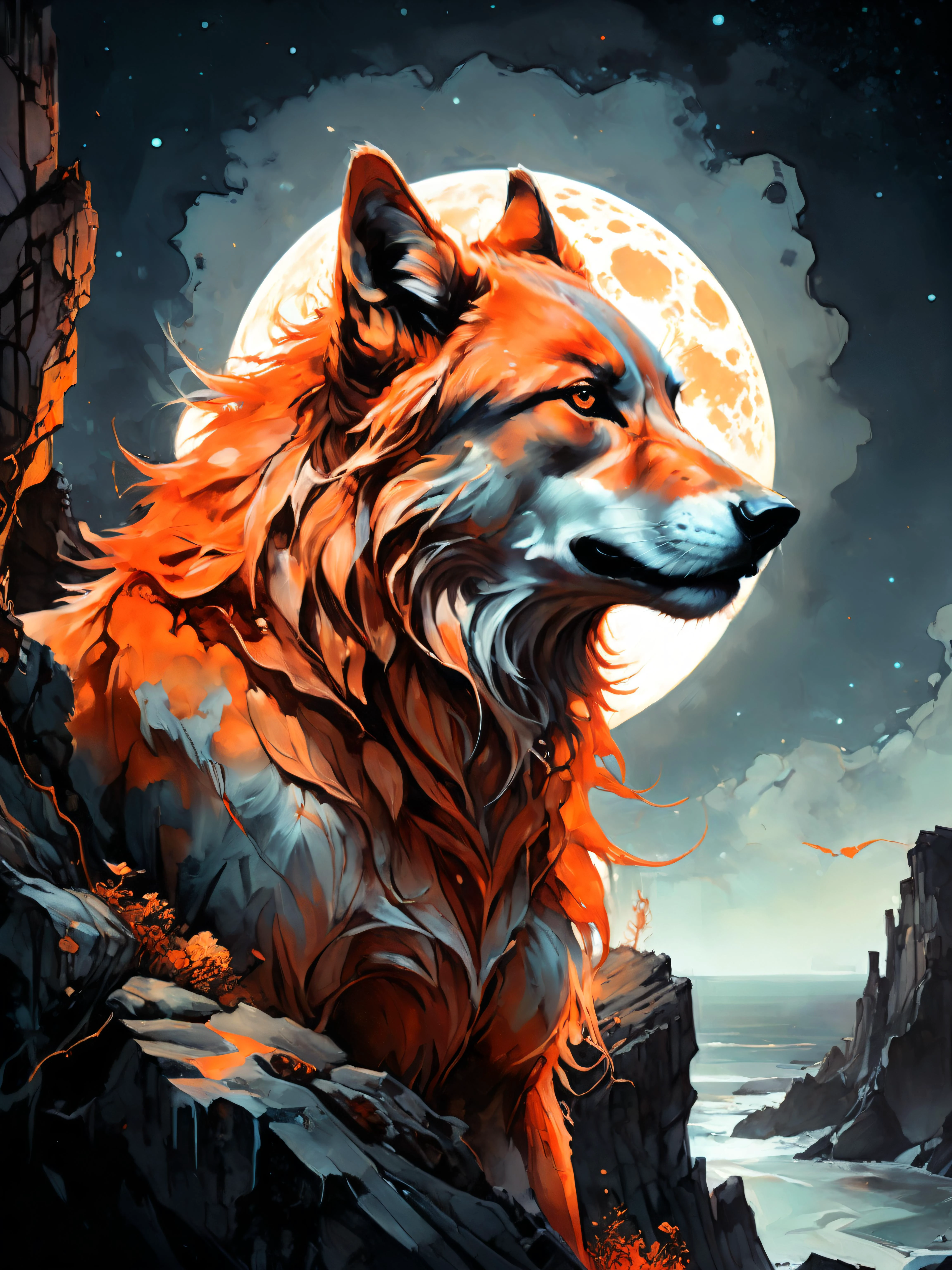 <lora:xsgb:1>,cyberpunk artsyle,(orange theme: 1.2), (art by carne griffiths: 1.1), (anna dittmann: 1.1), mystical atmosphere, a mighty werewolf howling on a rocky cliff, under the haunting full moon, mythical creatures, <lora:xl_more_art-full_v1:0.5> ,<lora:add-detail-xl:0.8>,