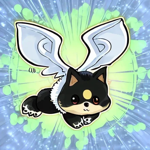 Yu-Gi-Oh!(creature),Yu-Gi-Oh!, lovely, no humans, dog, wings, animal focus, animal, black eyes, green background, tail, striped, shiba inu, full body, outline