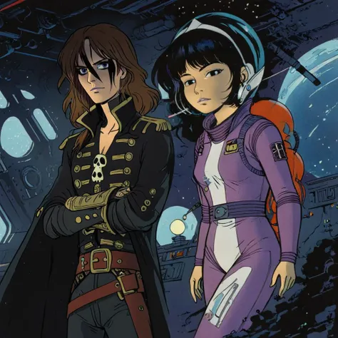 (best quality, masterpiece, absurdres, highres, ultra_detailed, dynamic angle:1.2), on a pirate spaceship deck, close-up, futuristic, sci-fi, graphic novels illustration, traditional media, 1980s \(style\), retro artstyle, (intricate details, hyperdetailed:1.15), (ultrahigh resolution textures), bokeh, panoramic, (volumetric, cinematic) lighting
AND (Captain Harlock, 1boy:1.75), long black cape, standing, crossed arms
AND Yoko Tsuno <lora:yoko_tsuno-xl-v2-000014:0.7>, 1girl, with (light purple spacesuit and white accents)