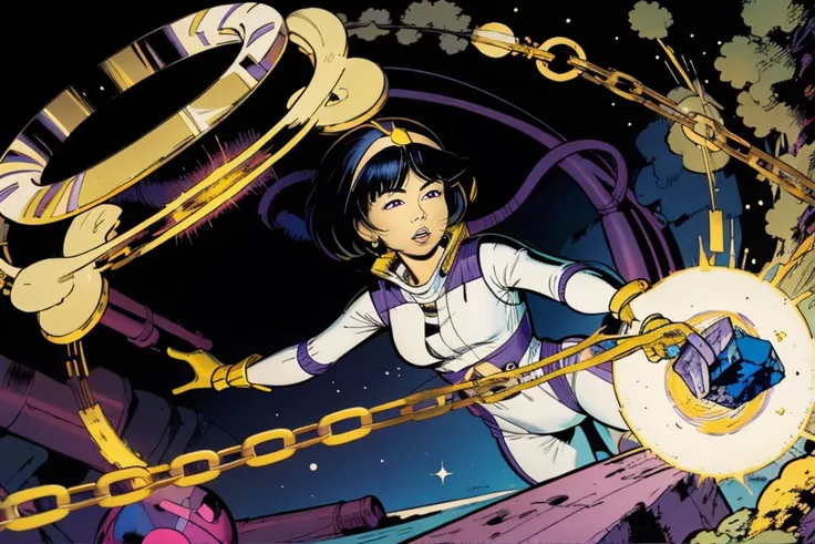 Yoko Tsuno, black short hair, white and purple bodysuit, beige hairband, trapped in a Sonic game, bumpers, ((golden rings)), ultra detailed, ultra high res, masterpiece, crystal clear, sharp focus, science fiction, <lora:yoko_tsuno-10:0.9>