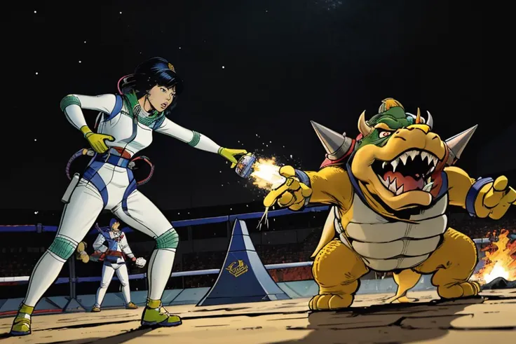 Super Smash bros fight arena, ultra detailed, ultra high res, masterpiece, crystal clear, sharp focus, octane render, next gen graphics
BREAK
Yoko Tsuno, white and green spacesuit, 1girl, preparing to fight, <lora:yoko_tsuno-10:0.9>
BREAK
Bowser, roaring, <lora:bowser_LoRA320:0.8>
