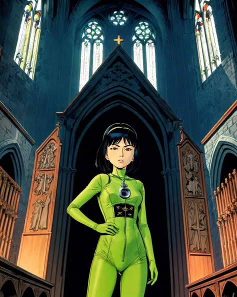 masterpiece, best quality, close-up of the upper body of yoko tsuno, 1girl, standing in a green bodysuit, <lora:yoko_tsuno:0.7>, in the background a gothic church organ inside a dark cathedral, dust in the air, light coming in through the windows