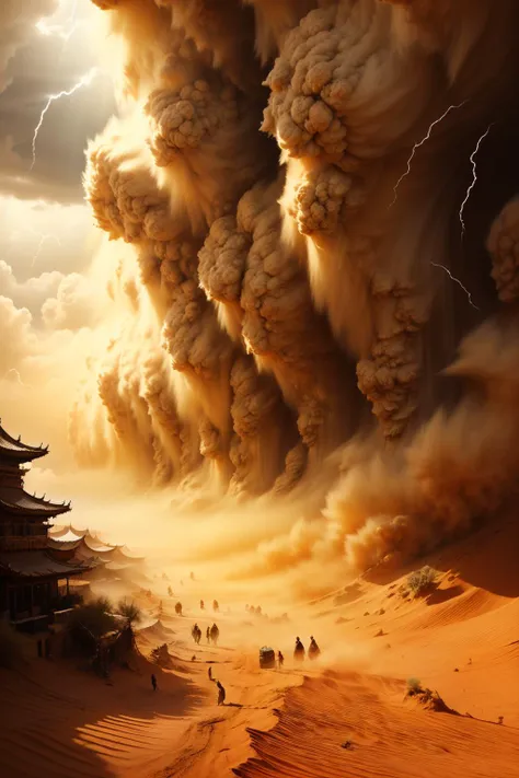(dramatic, gritty, intense:1.4), masterpiece, best quality, 8k, insane details, intricate details, hyperdetailed, hyper quality, high detail, ultra detailed, Masterpiece, scenery, desert, (2), sandstorm, sunlight, light rays, pagoda, bestquality, highdefinition, huadan, bestquality, masterpiece, highres, <lora:sandstorm_20230903190756:0.9>