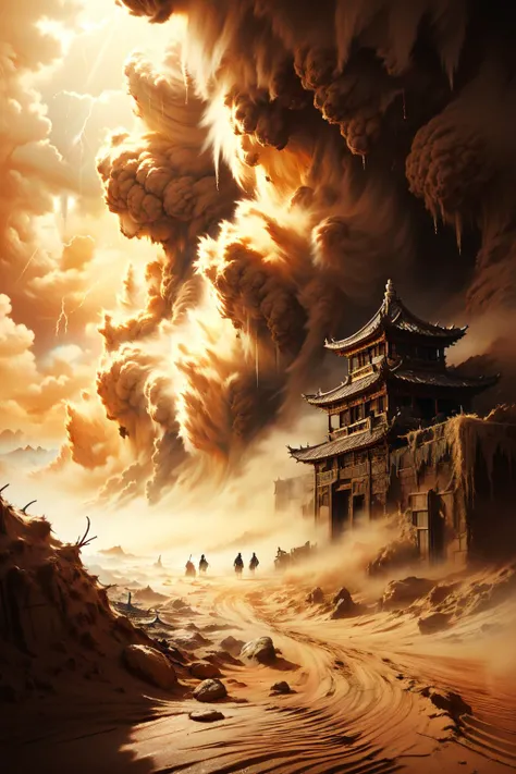 (dramatic, gritty, intense:1.4), masterpiece, best quality, 8k, insane details, intricate details, hyperdetailed, hyper quality, high detail, ultra detailed, Masterpiece, scenery, desert, (2), sandstorm, sunlight, light rays, pagoda, bestquality, highdefinition, huadan, bestquality, masterpiece, highres, <lora:sandstorm_20230903190756:0.9>