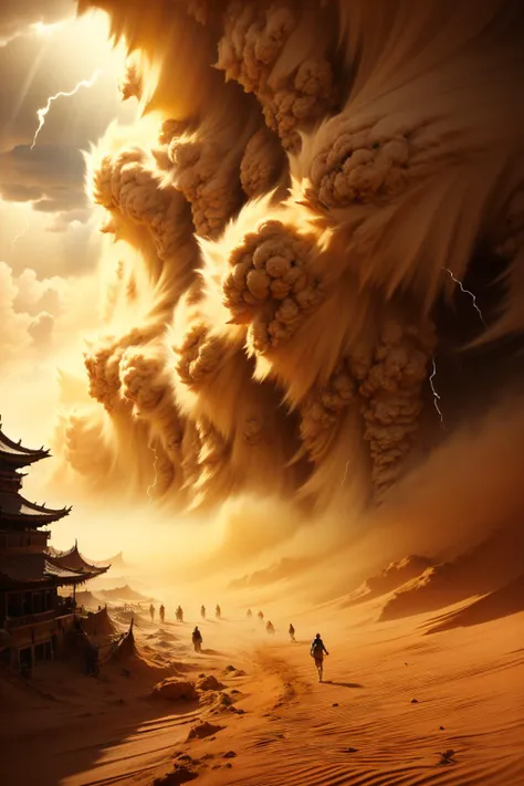 (dramatic, gritty, intense:1.4), masterpiece, best quality, 8k, insane details, intricate details, hyperdetailed, hyper quality, high detail, ultra detailed, Masterpiece, scenery, desert, (2), sandstorm, sunlight, light rays, pagoda, bestquality, highdefinition, huadan, bestquality, masterpiece, highres, <lora:sandstorm_20230903190756:0.9>