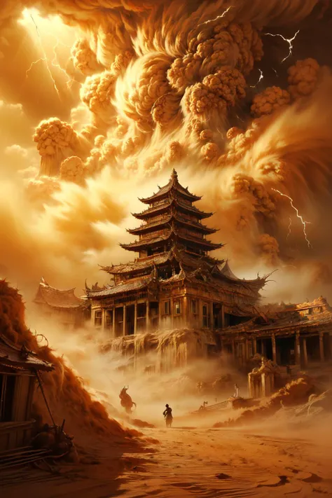 (dramatic, gritty, intense:1.4), masterpiece, best quality, 8k, insane details, intricate details, hyperdetailed, hyper quality, high detail, ultra detailed, Masterpiece, scenery, desert, (2), sandstorm, sunlight, light rays, pagoda, bestquality, highdefinition, huadan, bestquality, masterpiece, highres, <lora:sandstorm_20230903190756:0.9>