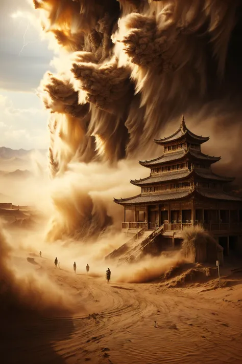 (dramatic, gritty, intense:1.4), masterpiece, best quality, 8k, insane details, intricate details, hyperdetailed, hyper quality, high detail, ultra detailed, Masterpiece, scenery, desert, (2), sandstorm, sunlight, light rays, pagoda, bestquality, highdefinition, huadan, bestquality, masterpiece, highres, <lora:sandstorm_20230903190756:0.9>