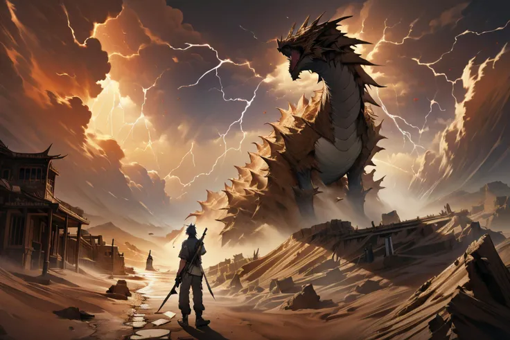 (masterpiece, best quality:1.2), (extremely detailed:1.3), RAW photo, 8k, absurdres, unity 8k wallpapper cinematic lighting, 8k, highres, desert, dramatic, ADDCOMM
(sandstrom:1.2), <lora:绪å¿-æ²æ´_sandstorm:0.8>, <lora:Dragons_v1:0.7>, dragon, dragon in sandstrom, ADDROW
(house destroy:1.1) ADDCOL
1boy, holding weapon, from behind ADDCOL
footprints