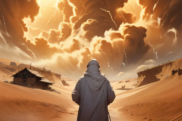 (masterpiece, best quality:1.2), (extremely detailed:1.3), RAW photo, 8k, absurdres, unity 8k wallpapper cinematic lighting, 8k, highres, desert, dramatic, ADDCOMM
(sandstorm:1.2), <lora:绪å¿-æ²æ´_sandstorm:0.8> ADDROW
(house destroy:1.1) ADDCOL
(1boy, 1girl:1.2), hug, girl with hijab, boy hug a girl, hugging, from behind ADDCOL
footprints