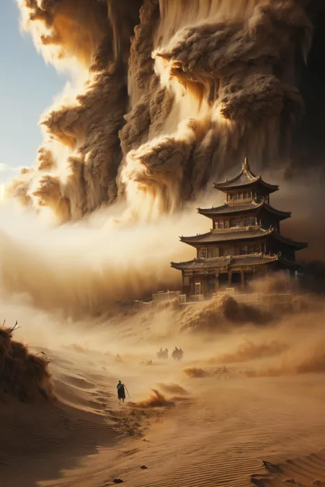 (dramatic, gritty, intense:1.4), masterpiece, best quality, 8k, insane details, intricate details, hyperdetailed, hyper quality, high detail, ultra detailed, Masterpiece, scenery, desert, (2), sandstorm, sunlight, light rays, pagoda, bestquality, highdefinition, huadan, bestquality, masterpiece, highres, <lora:sandstorm_20230903190756:0.9>