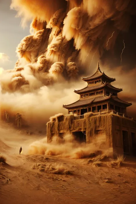 (dramatic, gritty, intense:1.4), masterpiece, best quality, 8k, insane details, intricate details, hyperdetailed, hyper quality, high detail, ultra detailed, Masterpiece, scenery, desert, (2), sandstorm, sunlight, light rays, pagoda, bestquality, highdefinition, huadan, bestquality, masterpiece, highres, <lora:sandstorm_20230903190756:0.9>