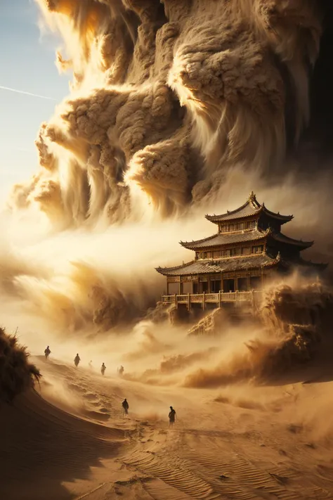 (dramatic, gritty, intense:1.4), masterpiece, best quality, 8k, insane details, intricate details, hyperdetailed, hyper quality, high detail, ultra detailed, Masterpiece, scenery, desert, (2), sandstorm, sunlight, light rays, pagoda, bestquality, highdefinition, huadan, bestquality, masterpiece, highres, <lora:sandstorm_20230903190756:0.9>