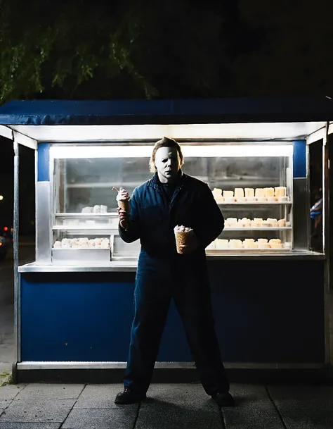 high resolution photo of Michael Myers in a street kiosk serving icecream,gloomy,dimly lit