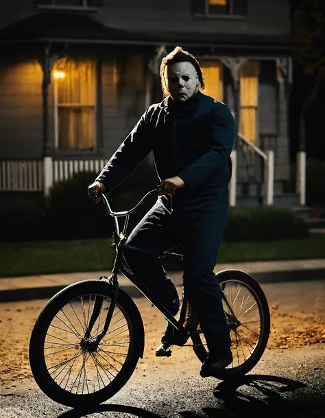 high resolution photo of Michael Myers on a bycicle,full body shot,throwing pizza around,gloomy,dimly lit