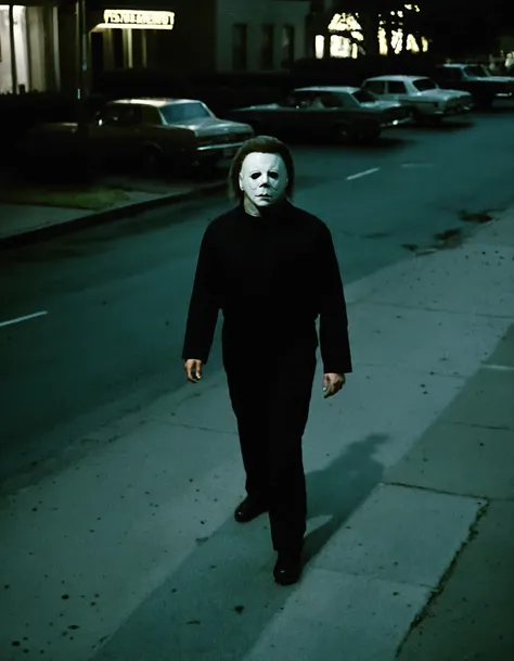 a cctv blurry image,high-angle,taken from a monitor,showing Michael Myers walking in the street at night,vhs filter,(low resolution:1.3),grainy