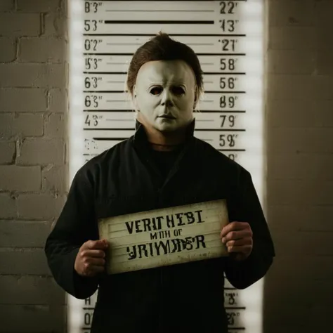 cinematic film still of <lora:Mugshots style:0.8> (((mugshot wall))) posing with a sign behind mugshot wall
<lora:Michael Myers:1>Michael Myers, shallow depth of field, vignette, highly detailed, high budget, bokeh, cinemascope, moody, epic, gorgeous, film grain, grainy