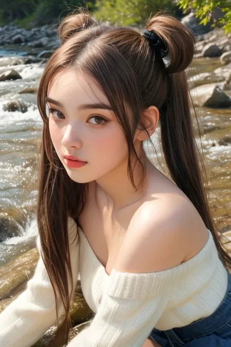 Masterpiece, (Photorealistic: 1.5), Top quality, Beautiful lighting, Real life, 1 girl, ((cute&girly girl,Round face)), ((cute small Breasts)),/((super Long Greige hair))/ (Looking at viewer), Beautiful girl,above the waist
/white off-shoulder sweater,,/,thin brown eyebrows,(ponytail,twin tails)
mountain stream river