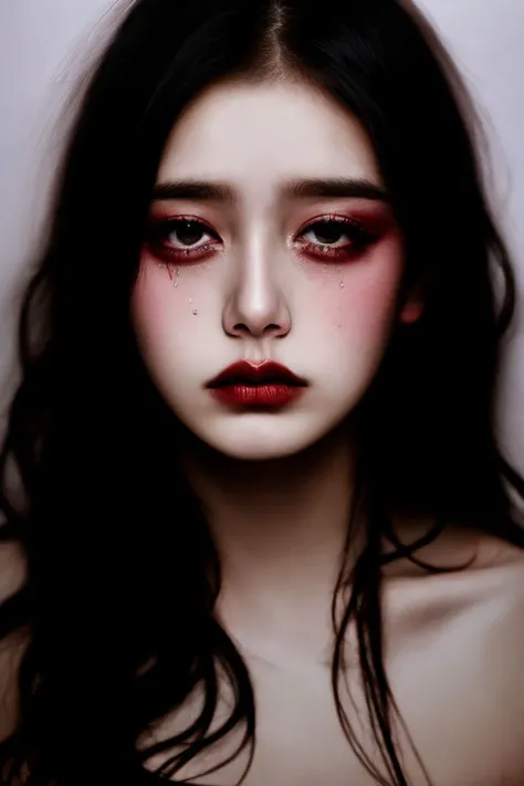 emo goth woman, 20 years old, sad, crying, tears, smudged make up, dark, deep photo, grainy