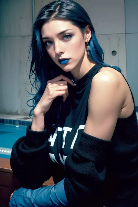 RAW photo, (goth girl), (style of Francesca Stern Woodman:1.4), eerie, dark theme, Elation, Black leggings, oversized sweater, and chunky boots, Twist-out, Blue hair color, Athletic and petite (muscular build with a smaller frame), Indoor pool, (film grain:1.2), (high detailed skin:1.2), 8k uhd, dslr, soft lighting, high quality, film grain, Fujifilm XT3
