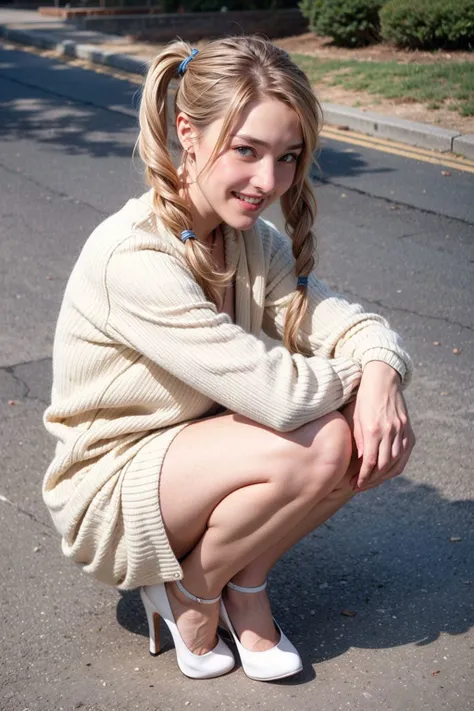 RAW photo, shot with sony camera, 27yo american woman, (joy, contagious smile), Squatting down low with hands on knees, Sweater dress and Chunky heels, Pigtails, (Platinum blonde), outside, University campus, (high detailed skin:1.2), detailed skin, skin blemish, <lora:more_details:0.4> <lora:skinny_new_skin:0.25>