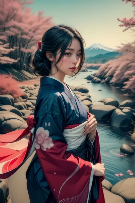 (Best quality, 8k, 32k, Masterpiece, UHD:1.2), ((J.A.W. Cooper)), Katsushika Hokusai-inspired illustration art, majestic Mount Fuji as the backdrop, woman adorned in traditional Japanese attire, serene and contemplative expression, delicate and flowing brushwork, vibrant and harmonious color palette, a sense of tranquility and harmony with nature, mastery of composition and balance, a tribute to the timeless beauty and elegance of Hokusai's art, medium hair, white, wavy hair, (Vivid colors:1.3), <lora:more_details:1>