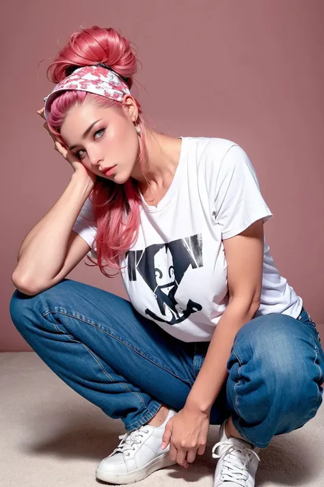 RAW photo, (sassy hip hop girl), (style of Al Pereira:1.4), Crawling on hands and knees, Frustration, Empowering, Baseball cap, graphic t-shirt, jeans, high-top sneakers, Mohawk, Pink hair color, Top-heavy (larger bust and narrower hips), Banquet hall, (film grain:1.2), (high detailed skin:1.2), 8k uhd, dslr, soft lighting, high quality, film grain, Fujifilm XT3