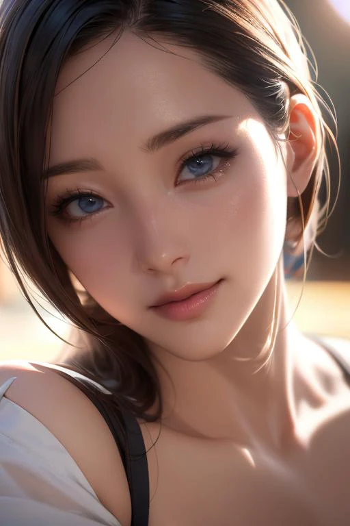 masterpiece, best quality, ray tracing, highly detailed, 32k, portrait, raw photo,
1girl, light slightly smiling, bright skin, beautiful face, perfect eyes, seductive eyes, portrait, close-up shot
bright sun light, rim light, dramatic lighting