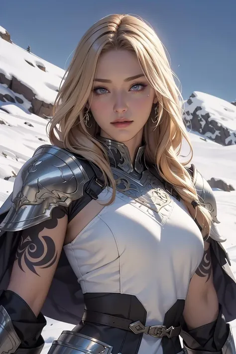 1 woman, masterpiece, a beautiful Viking woman, (the woman is dressed in a long brown dress, a short-sleeved shirt and a white cloak of animal fur), (perfect body), (muscular body) (blond hair) , (braided hair), holding axe, outside in the field, the woman is dirty, splattered with blood, (texture Pale skin color), Best quality, Ultra high resolution, RAW photo, Nikon D850, Backlight, Backlight edge, Bright sunlight, Film grain: 1.2, (Cold Tone, Cold Tone: 1.2), cold and rainy environment, (Color photo), Fantasy battlefield background, (woman has geometric skin tattoos black)